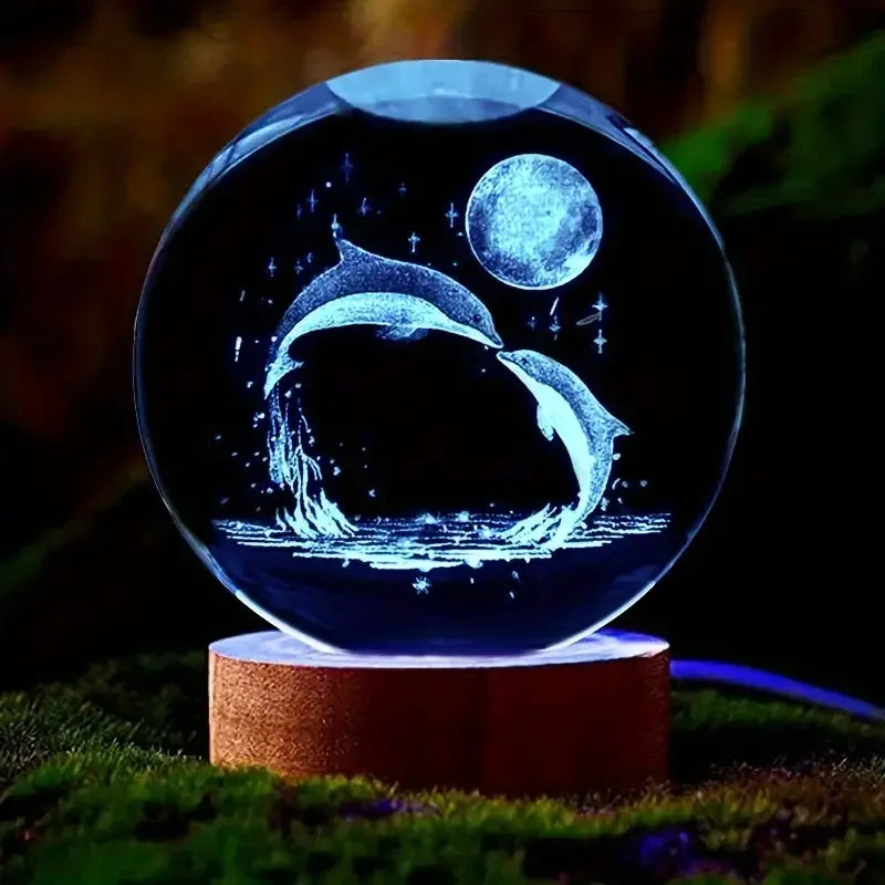 Mariluna Bola de Cristal Delfín | Grabado en 3D con Láser & Base LED | Motivo Lunar y Marino