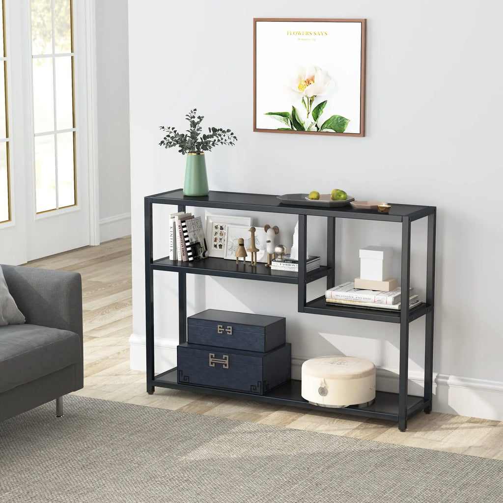 Mesa Consola Negra – Estante de Almacenamiento de 4 Niveles, Diseño Industrial, Para Entrada, Sala de Estar o Detrás del Sofá