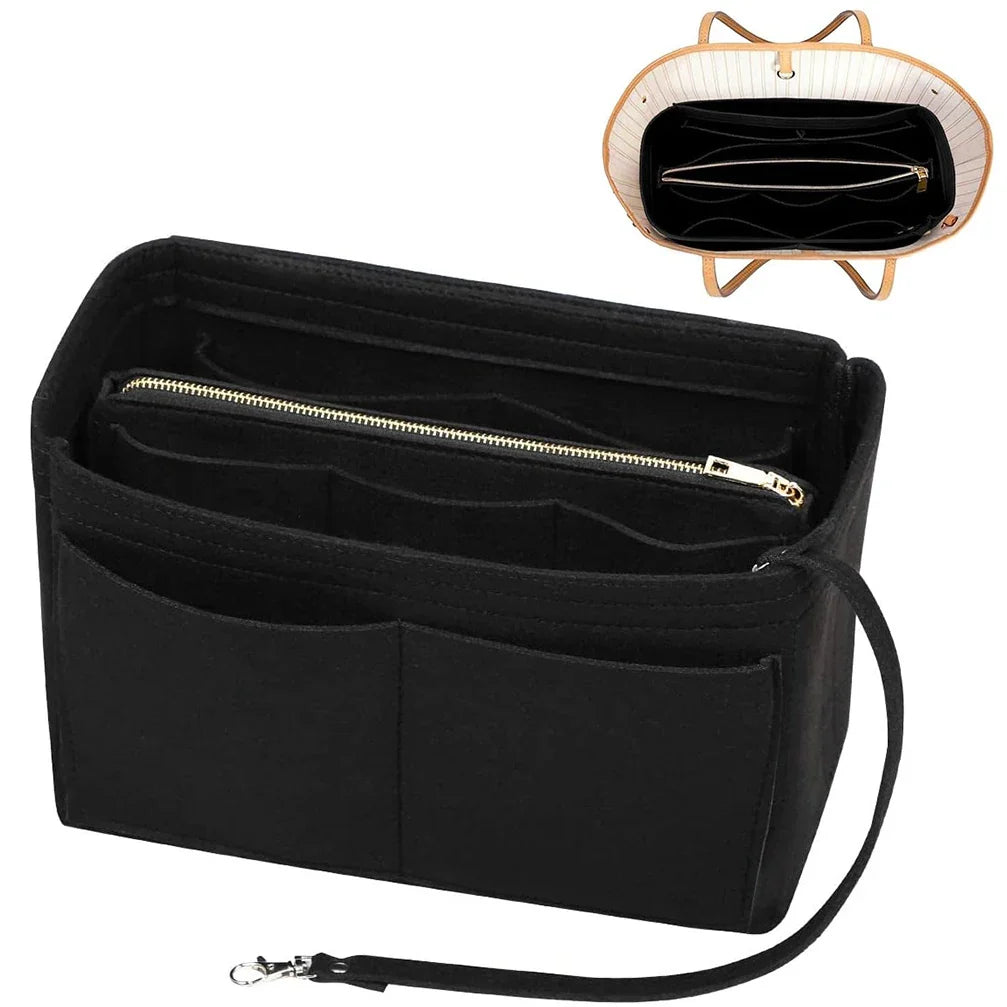 TaschenLuxe Organizador Interior | Inserto de fieltro con cremallera | 15 compartimentos y cinta para llaves | Para bolsos y shoppers