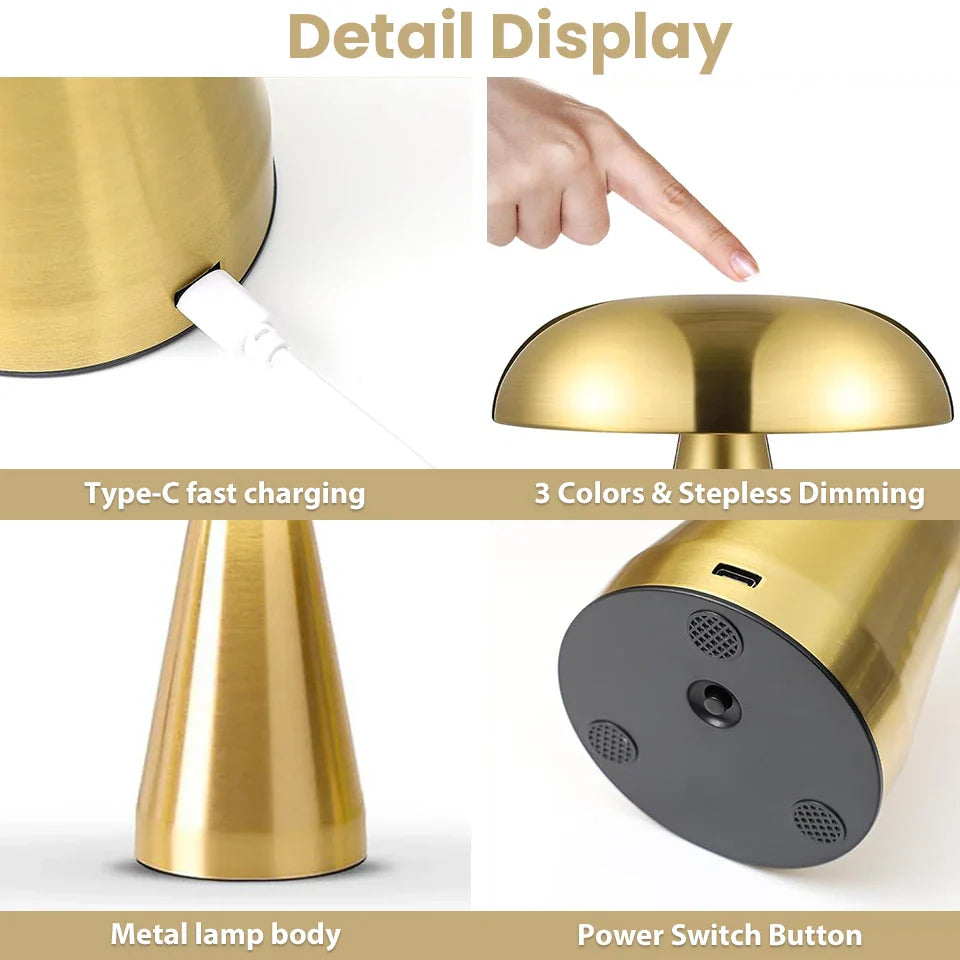 LumoShroom Lámpara de Mesa | Diseño Retro de Hongo | LED y Regulable | Recargable