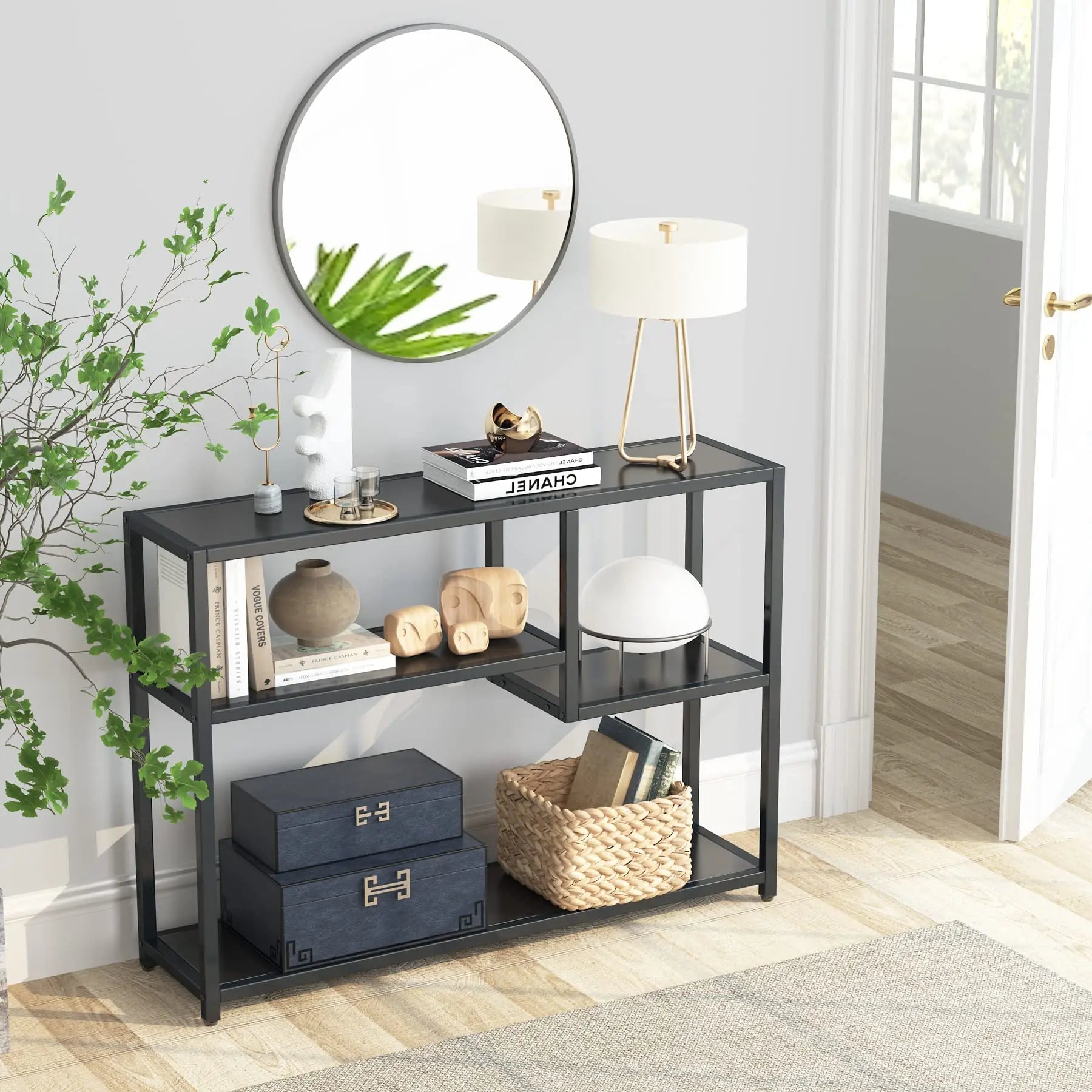 Mesa Consola Negra – Estante de Almacenamiento de 4 Niveles, Diseño Industrial, Para Entrada, Sala de Estar o Detrás del Sofá