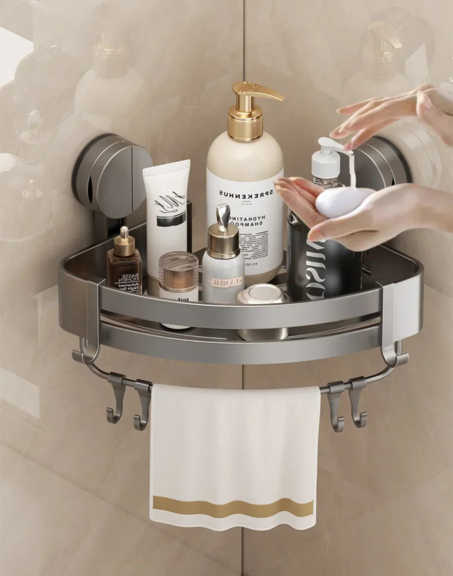 AquaGrip Estante de Ducha con Ventosas sin Perforación – Estante de Baño de Aluminio, Montaje en Esquina o Pared