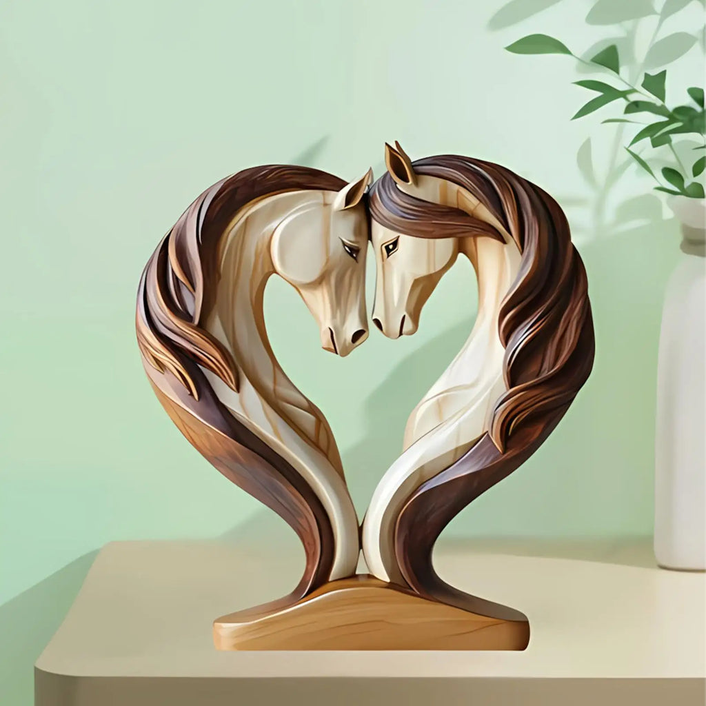 Escultura de Caballo Equora | Escultura de Madera de Caballo | Diseño 2D en Pose de Abrazo | Decoración para Sala de Estar, Oficina y Habitación Infantil
