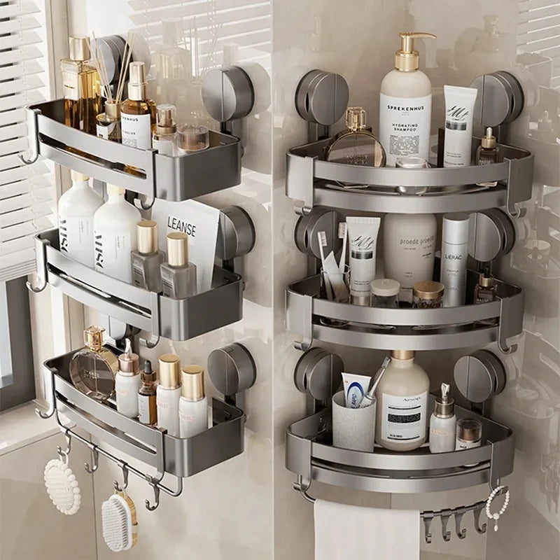 AquaGrip Estante de Ducha con Ventosas sin Perforación – Estante de Baño de Aluminio, Montaje en Esquina o Pared