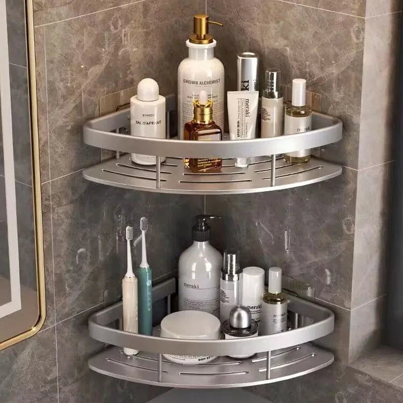 AquaSpace Pro | Estante de ducha de esquina sin taladrar | Aluminio | Resistente al óxido y a la carga | Estante de baño en negro, blanco, plata o negro-dorado