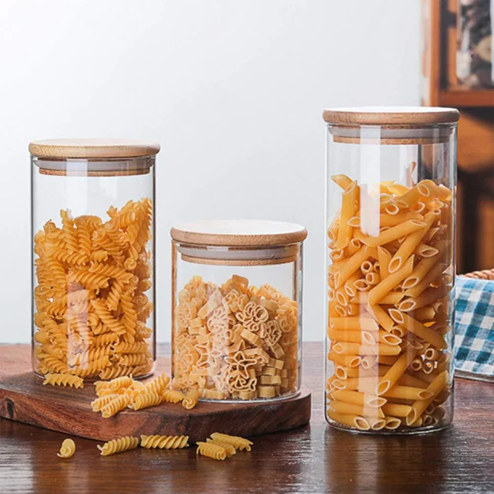 Conjunto de Tarros de Vidrio PureVorrat – Envases con Tapa de Madera | Hermético y Elegante | Almacenamiento Moderno de Cocina | Brehn