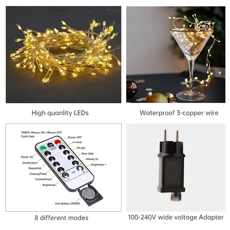 Cadena de luces LED Cluster Lumistra | Blanco cálido y blanco frío | 36 m de alambre plateado | Impermeable IP44 | Para Navidad, bodas y fiestas