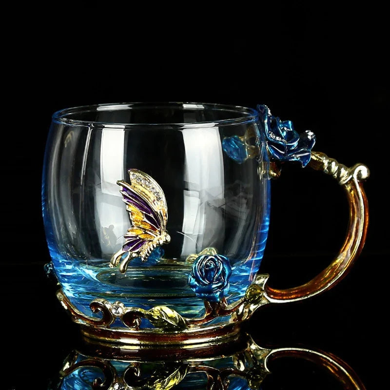 Taza de Cristal de Rosa Azul de Lujo