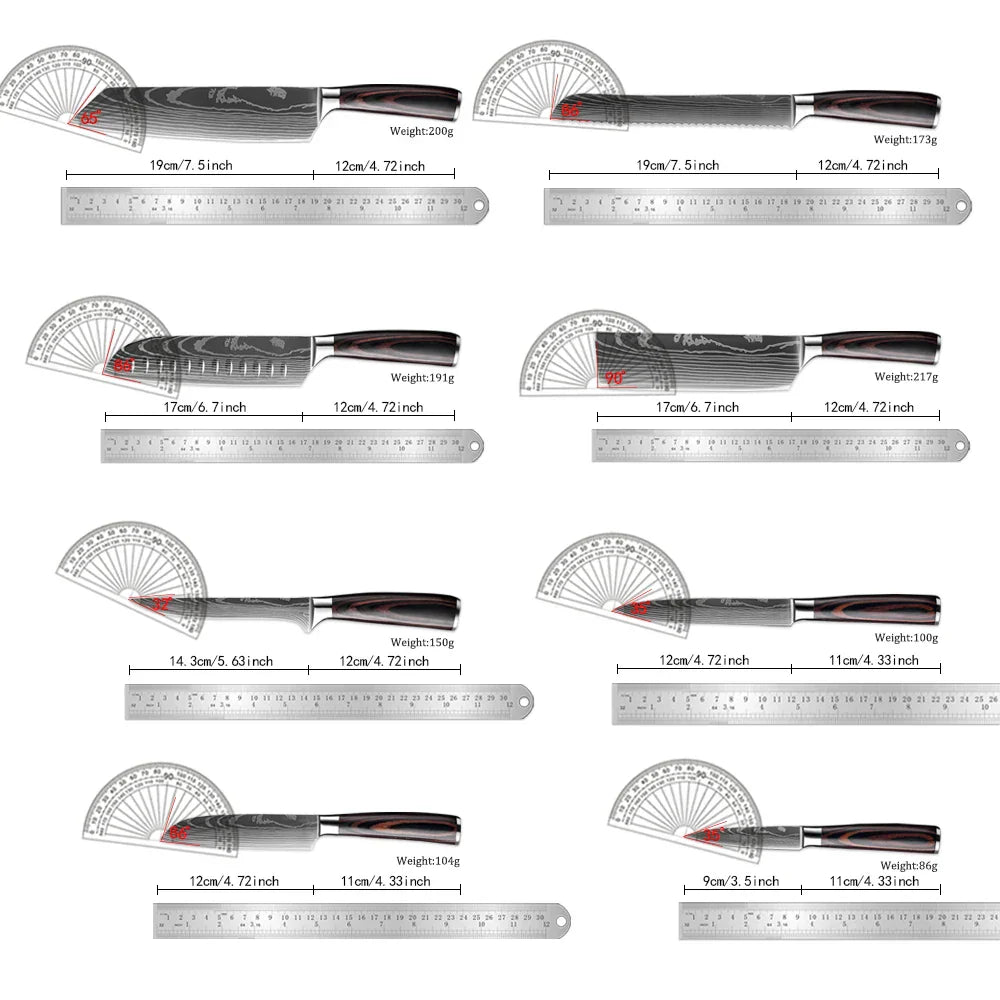 Skorter | Juego de cuchillos de cocina XITUO - 1-9PCS Cuchillos de chef, Santoku y de fruta de acero inoxidable 7Cr17Mov con mango ergonómico de Pakkawood