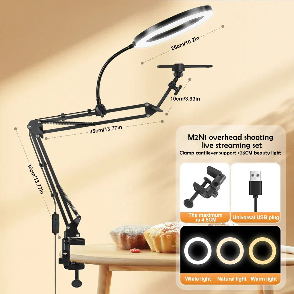 Luz de anillo LED LumiFlex con brazo flexible y soporte para teléfono | 3 colores de luz y conexión USB | Perfecto para livestream, video y selfies