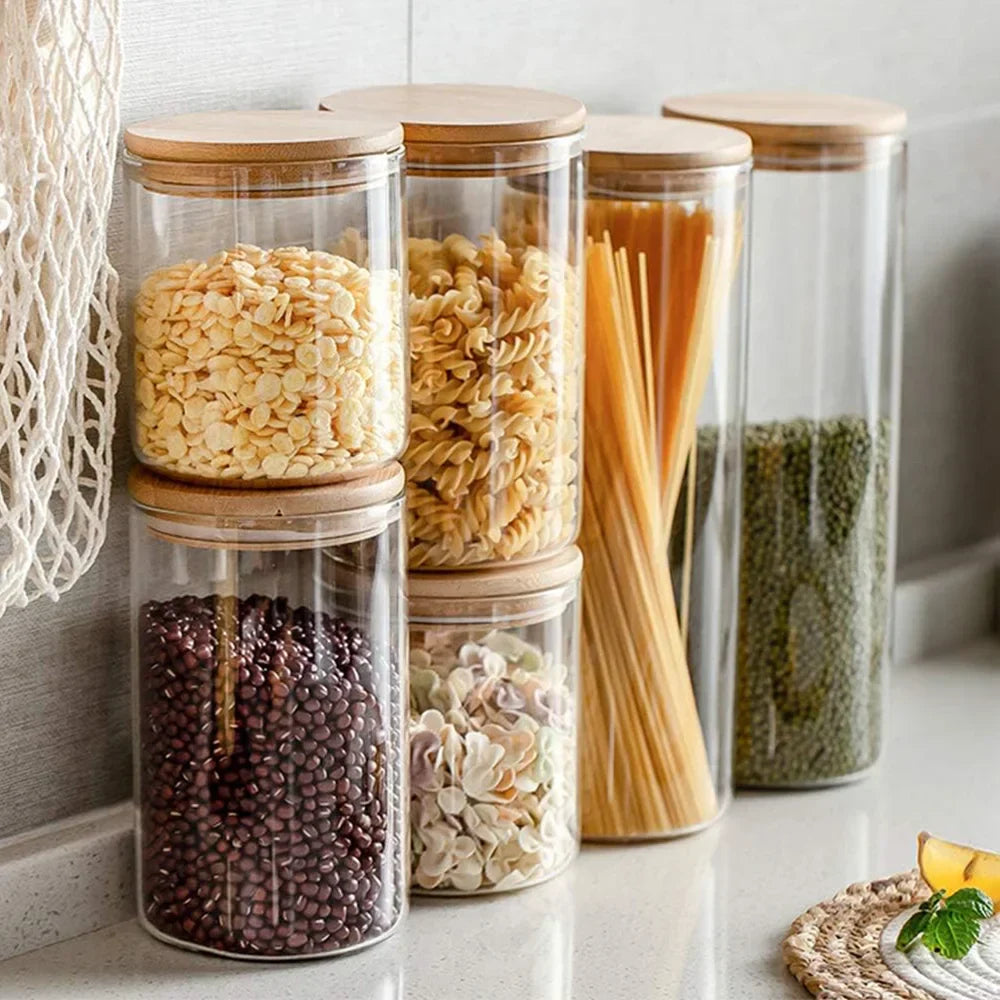Conjunto de Tarros de Vidrio PureVorrat – Envases con Tapa de Madera | Hermético y Elegante | Almacenamiento Moderno de Cocina | Brehn