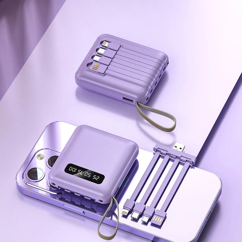 Mini-Powerbank con pantalla de espejo | 20.000 mAh | Función de carga rápida y cables integrados | Para iPhone, Samsung, Xiaomi y más