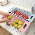 FlexDrain Escurridor de Cocina – Organizador de Fregadero Ajustable | Drenaje Automático & Deshidratador de Frutas y Verduras | Accesorios de Cocina Ahorra Espacio