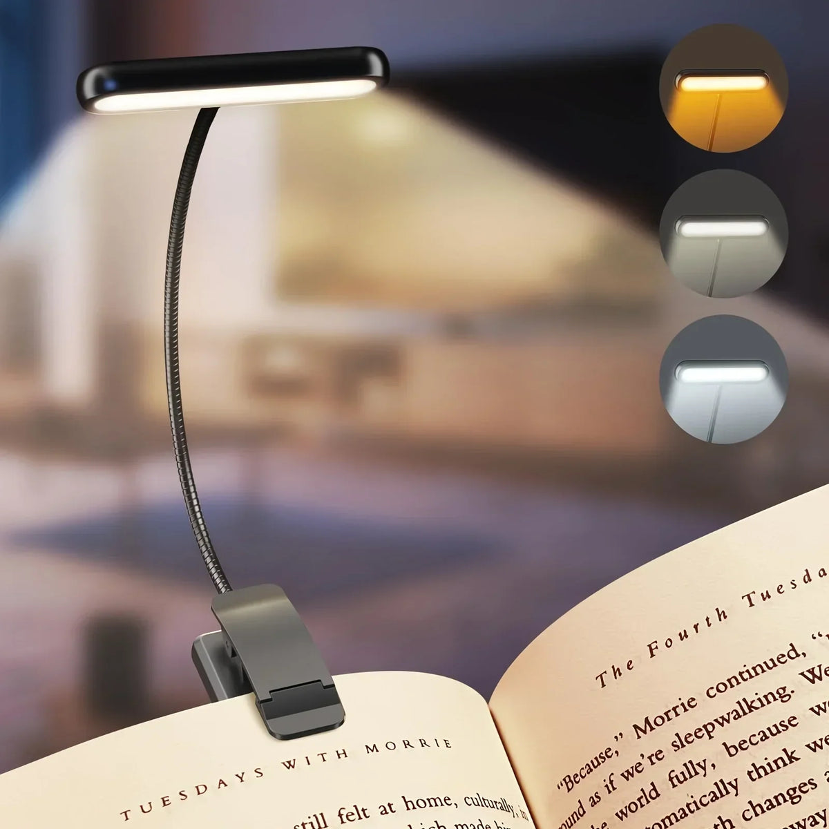 Lámpara de lectura recargable con clip y brazo flexible – Ajustable y amigable con los ojos