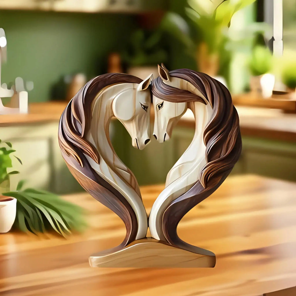 Escultura de Caballo Equora | Escultura de Madera de Caballo | Diseño 2D en Pose de Abrazo | Decoración para Sala de Estar, Oficina y Habitación Infantil