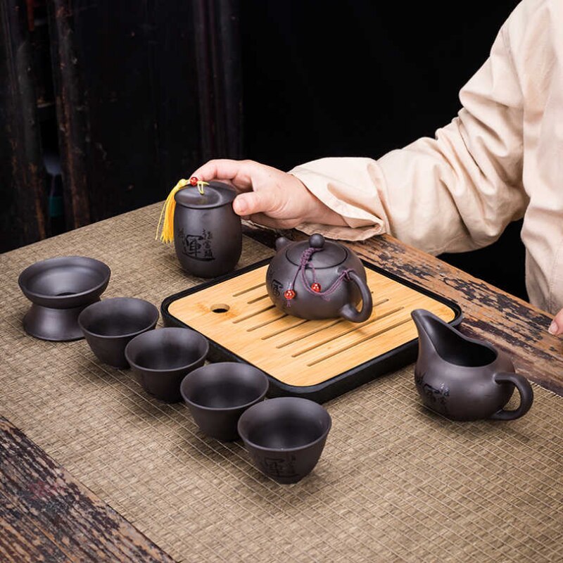 Juego de Té Retro de 9 piezas Diseñador Cool Purple Sand Set de Cerámica Tetera Juego de Té Kong Fu de Viaje Tetera de Porcelana de Arena Púrpura Filtro de Té
