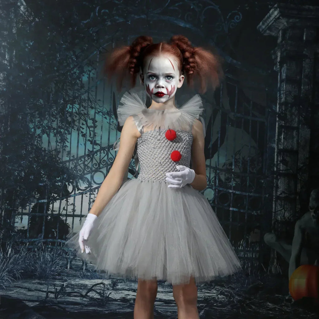 Charlotte – Vestido Tutu Inspirado en Payasos con Pompones Rojos y Falda de Tul para Halloween o Fiestas de Disfraces