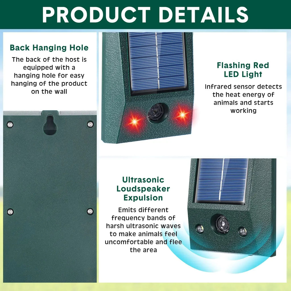 SolarGuardix Repelente Ultrasónico de Aves Solar | Con LED y Sensor de Movimiento | Impermeable IP58 | Cobertura de 600 m²