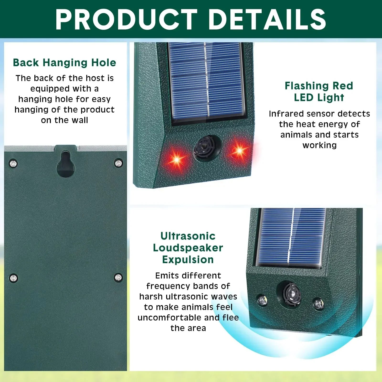 SolarGuardix Repelente Ultrasónico de Aves Solar | Con LED y Sensor de Movimiento | Impermeable IP58 | Cobertura de 600 m²