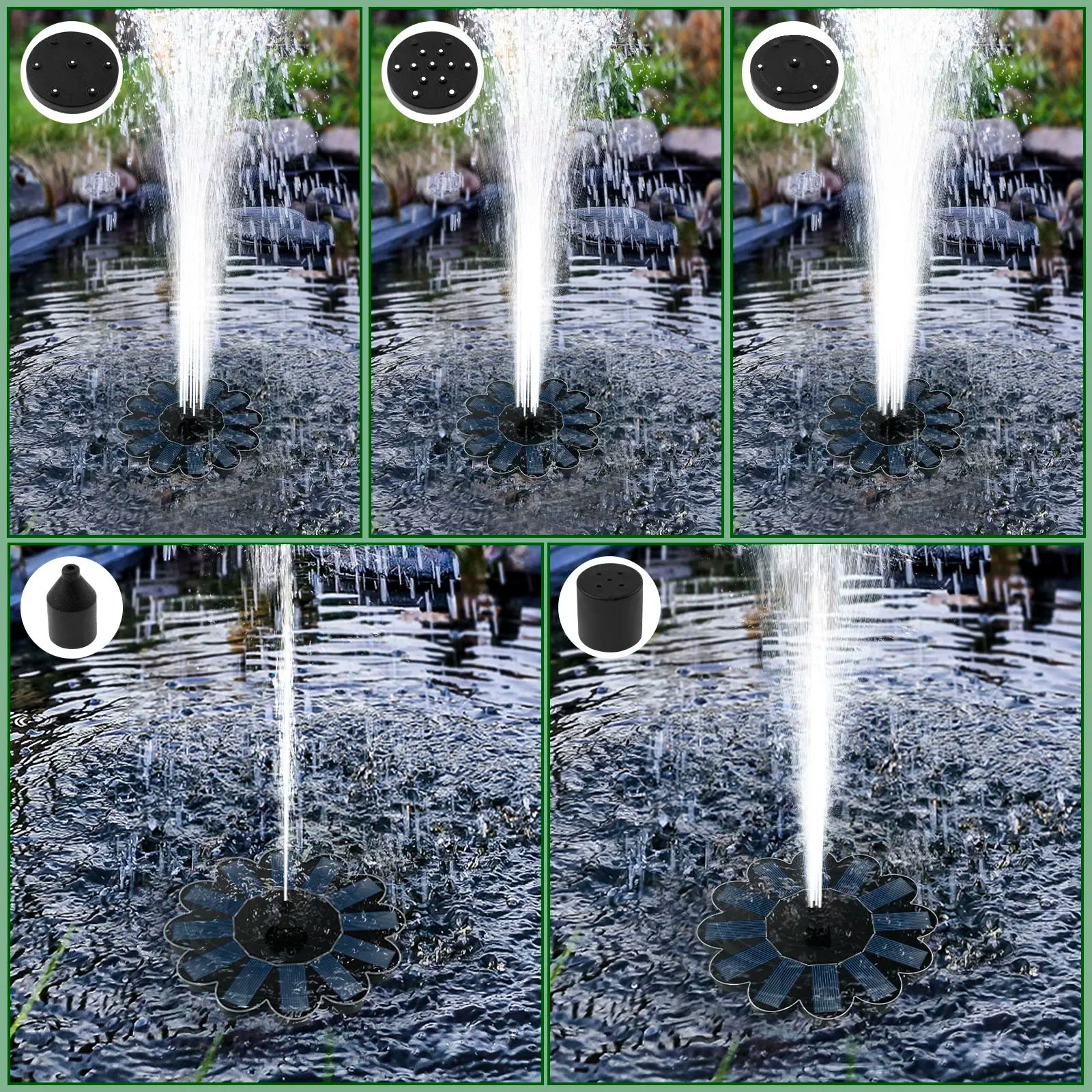 Fuente Solar Primavera de Jardín | 5 Boquillas Intercambiables | Ahorro Energético y Sin Mantenimiento | Para estanque, baño de aves y balcón
