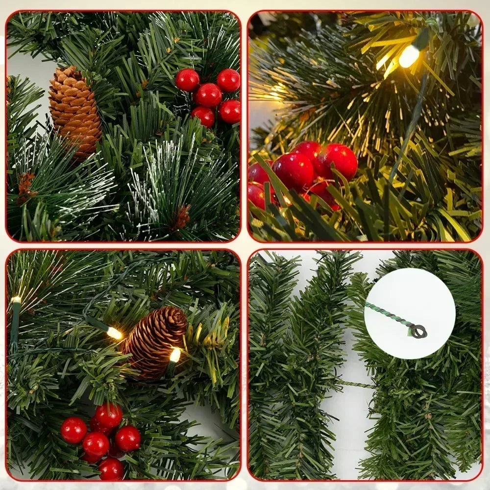Guirnalda LED de Navidad con Agujas de Pino y Berries Rojas - Decoración Clásica para Escaleras, Puertas o Lugares de Celebración