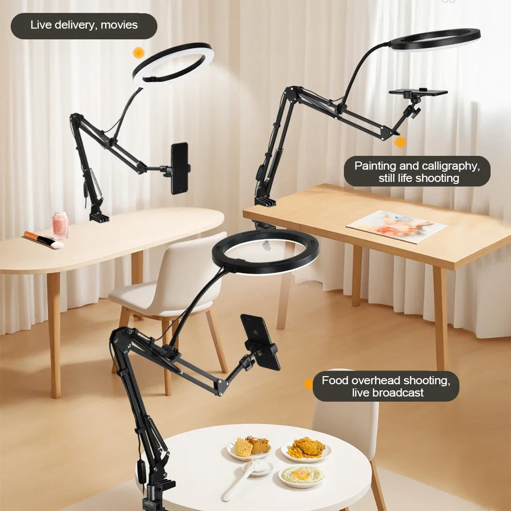 Luz de anillo LED LumiFlex con brazo flexible y soporte para teléfono | 3 colores de luz y conexión USB | Perfecto para livestream, video y selfies