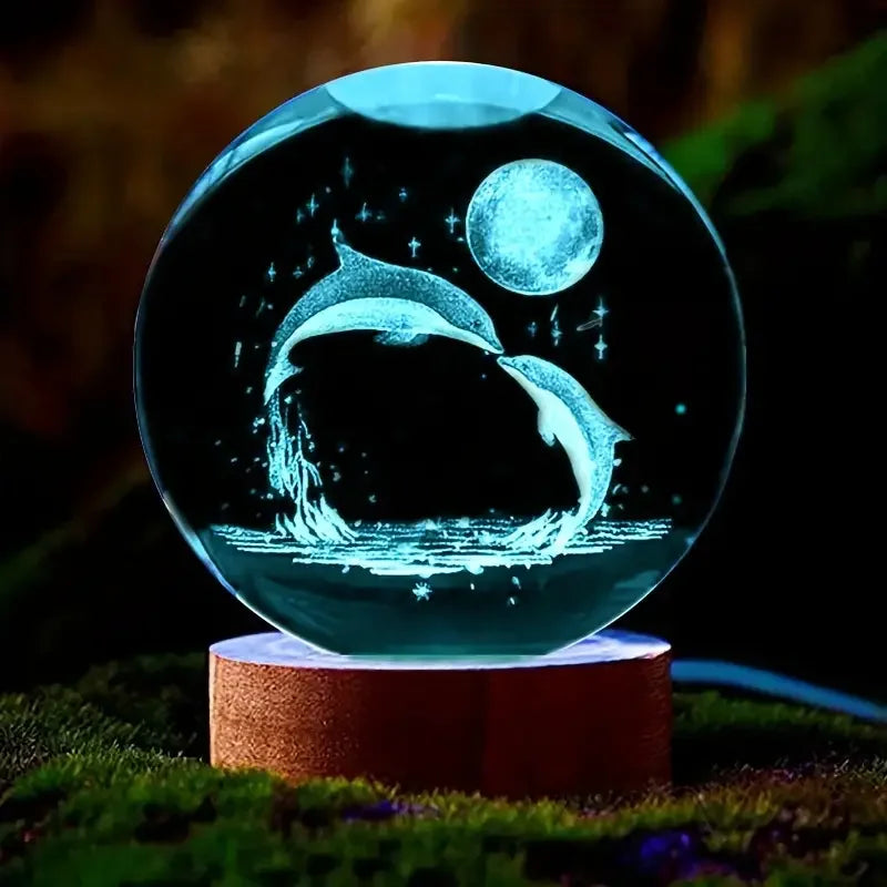 Mariluna Bola de Cristal Delfín | Grabado en 3D con Láser & Base LED | Motivo Lunar y Marino