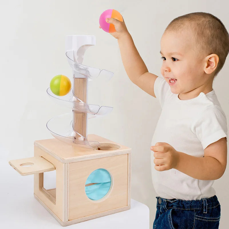 Montessori - Pista de canicas y rompecabezas de madera para niños pequeños