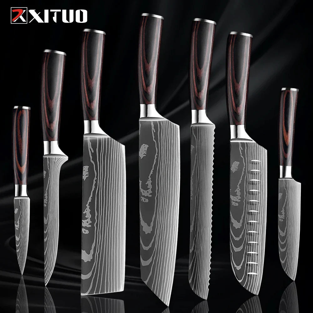 Skorter | Juego de cuchillos de cocina XITUO - 1-9PCS Cuchillos de chef, Santoku y de fruta de acero inoxidable 7Cr17Mov con mango ergonómico de Pakkawood