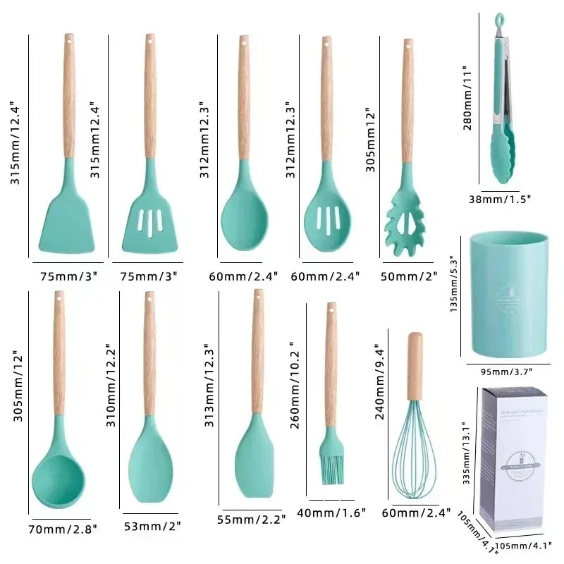 ChefEase – Set de utensilios de cocina de silicona de 12 piezas con mangos de madera | Brehn