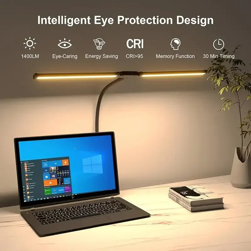 Lámpara de Escritorio LED Dimmable de Doble Cabeza con Clip para Oficina en Casa