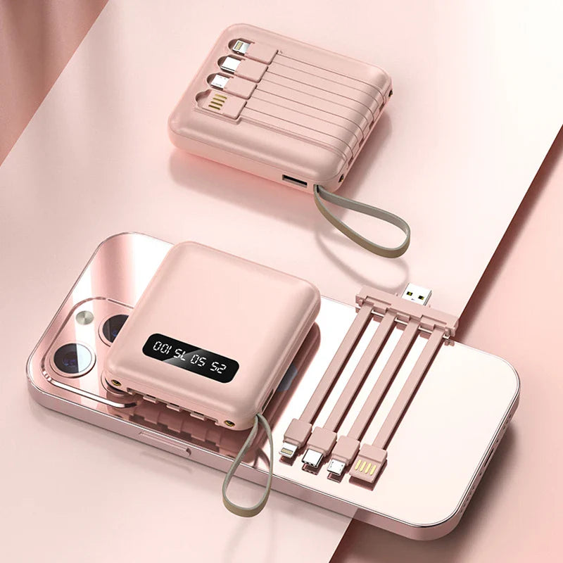 Mini-Powerbank con pantalla de espejo | 20.000 mAh | Función de carga rápida y cables integrados | Para iPhone, Samsung, Xiaomi y más