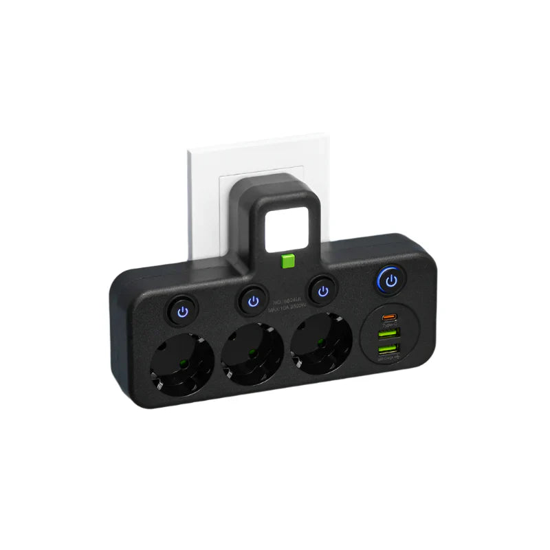 Regleta VOLTRIQ ProLine | 3–4 tomas + 2× USB & 1× Tipo-C | 2500 W | Protección contra sobretensiones & Interruptor de control