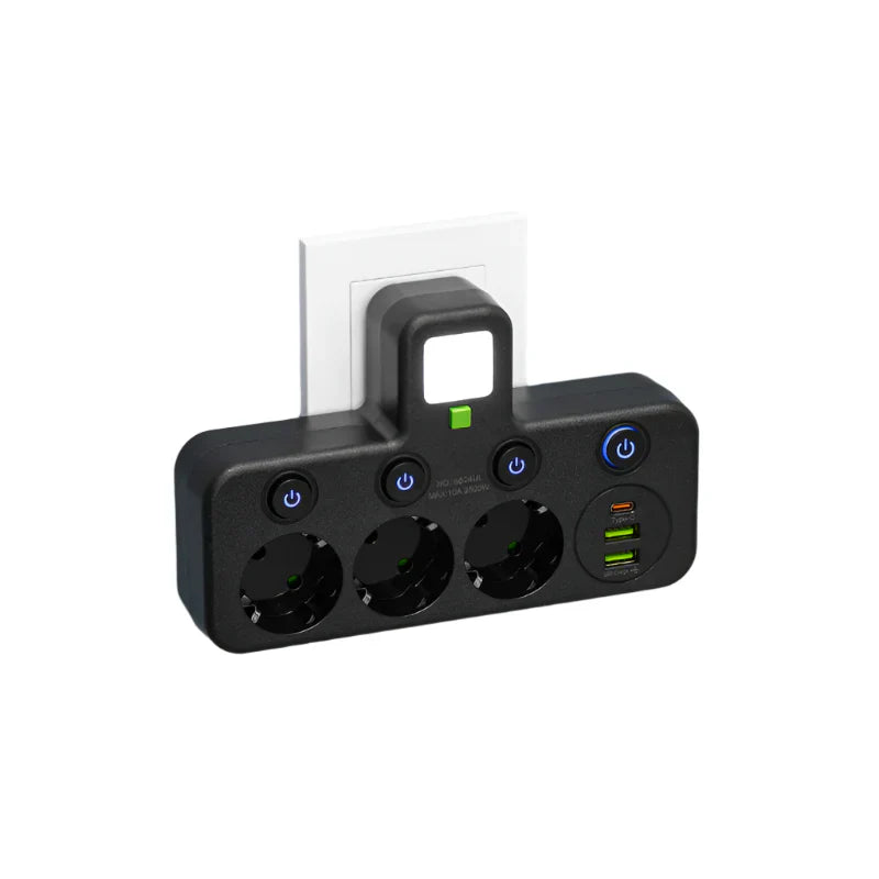 Carvallo VOLTRIQ ProLine | 3–4 tomas + 2× USB & 1× Tipo-C | 2500 W | Protección contra sobretensiones & Interruptor de control
