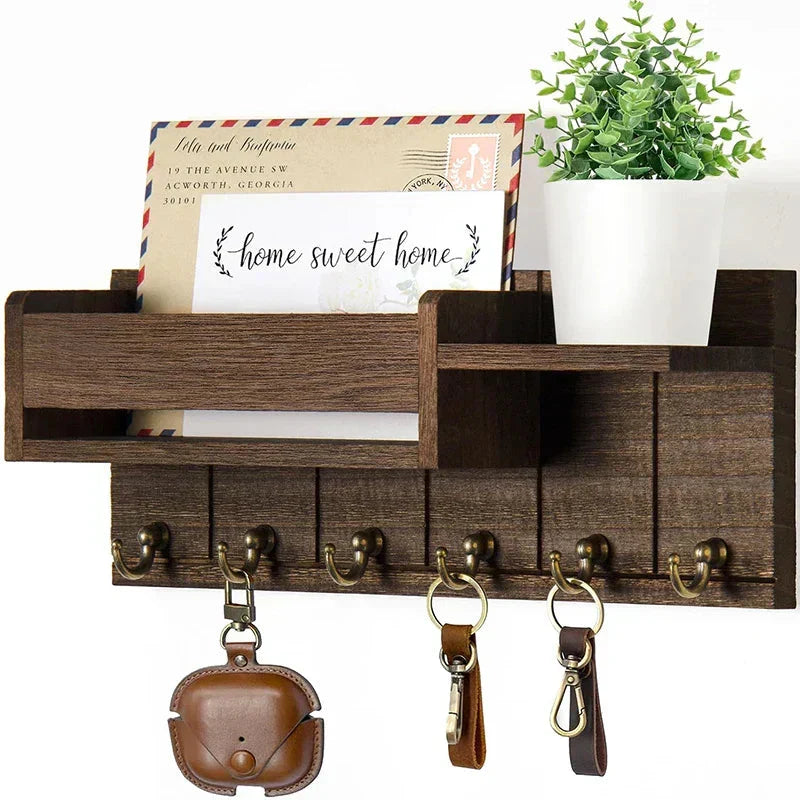 Tablero de Llaves de Madera con Estante y 6 Ganchos
