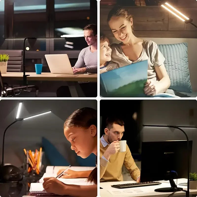 Lámpara de Escritorio LED Dimmable de Doble Cabeza con Clip para Oficina en Casa