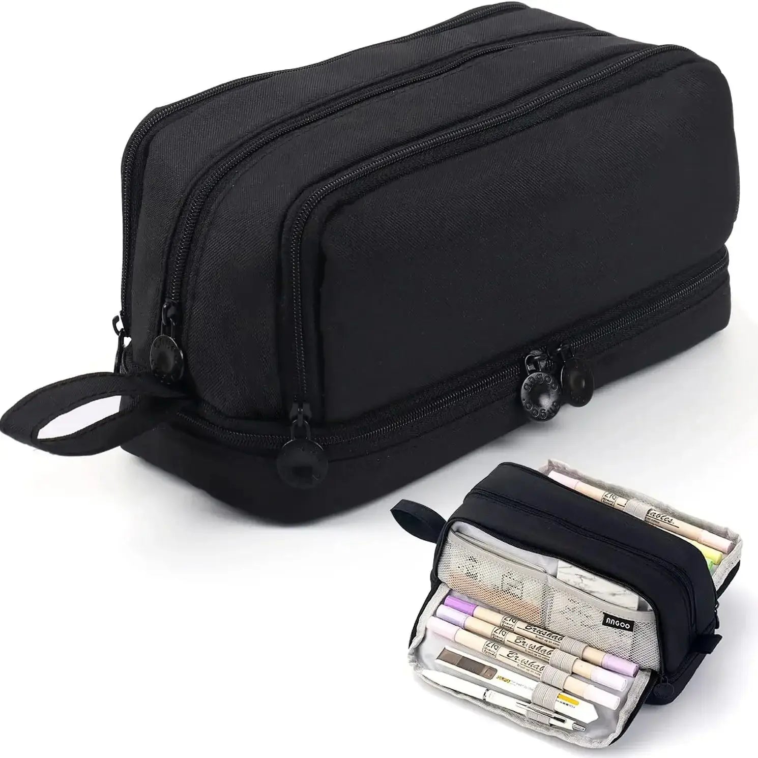 Estuche de lona negra con compartimento para regla | Estuche | Funda de doble capa para uso escolar
