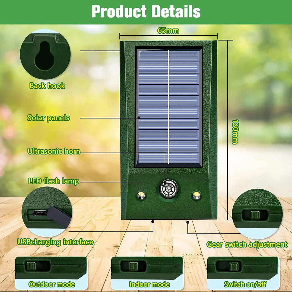 SolarGuardix Repelente Ultrasónico de Aves Solar | Con LED y Sensor de Movimiento | Impermeable IP58 | Cobertura de 600 m²