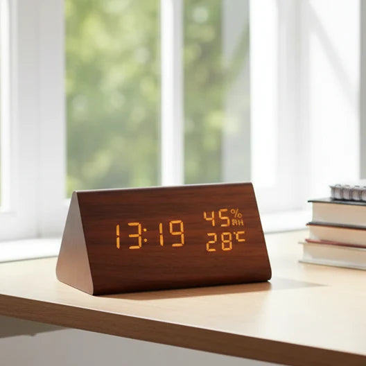Reloj Despertador Futura Efecto Madera LED Con Tres Alarmas, Indicador de Temperatura, Brillo Ajustable