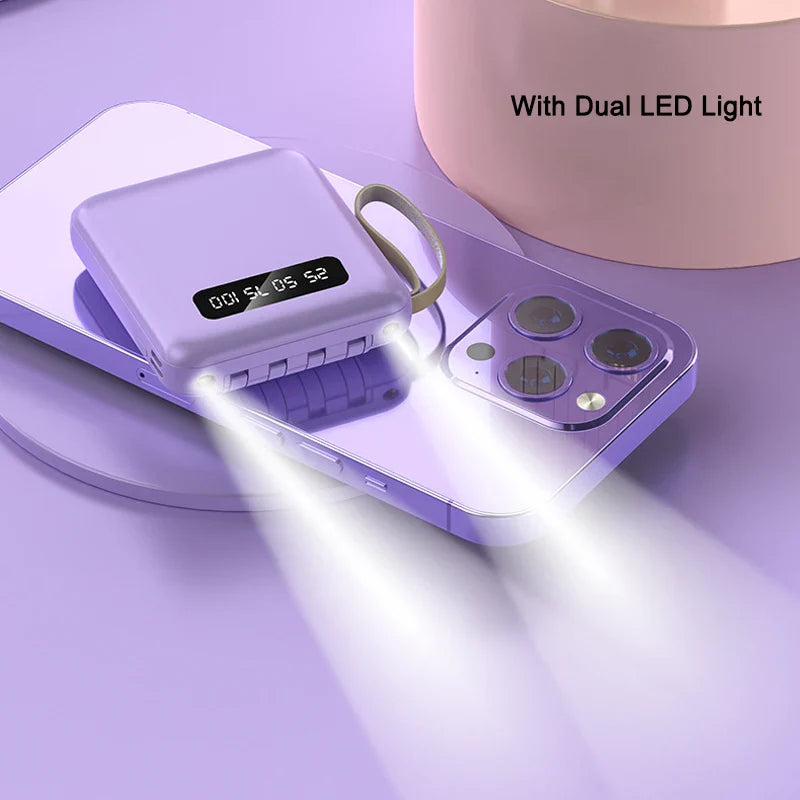 Mini-Powerbank con pantalla de espejo | 20.000 mAh | Función de carga rápida y cables integrados | Para iPhone, Samsung, Xiaomi y más