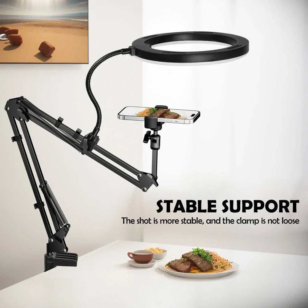 Luz de anillo LED LumiFlex con brazo flexible y soporte para teléfono | 3 colores de luz y conexión USB | Perfecto para livestream, video y selfies