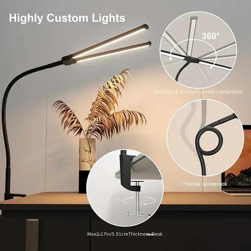 Lámpara de Escritorio LED Dimmable de Doble Cabeza con Clip para Oficina en Casa