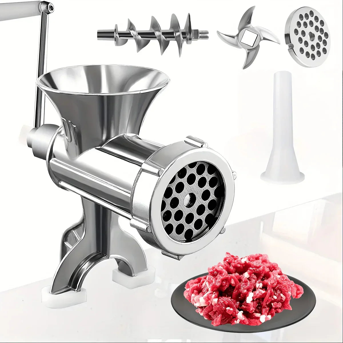 Carvallo-Köttkvarn MeatMaster ProManuell | Acero inoxidable con soporte de mesa | Para carne, verduras y relleno de salchichas | 20×15 cm