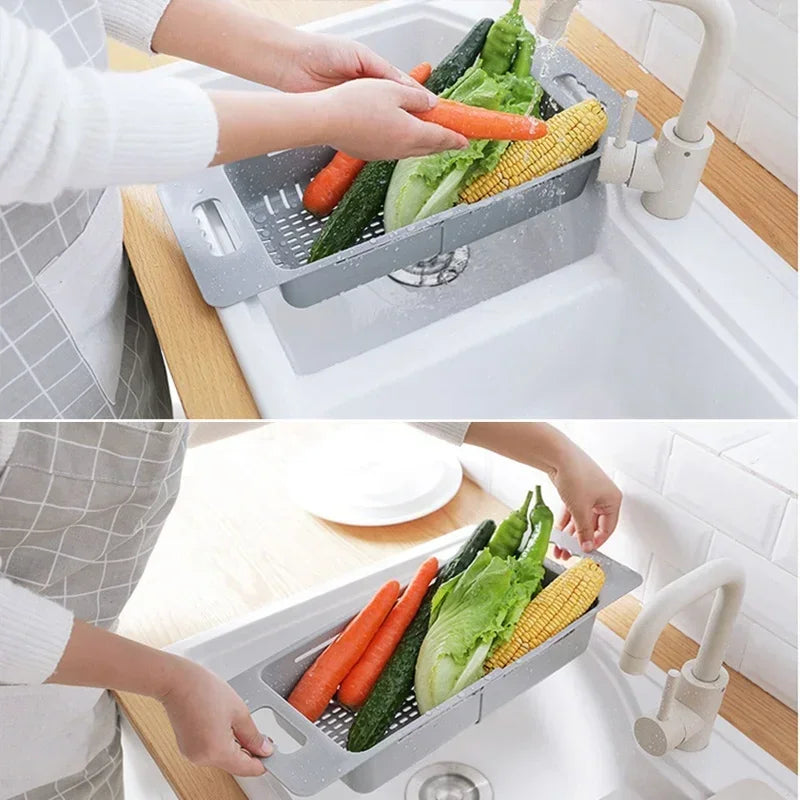 FlexDrain Escurridor de Cocina – Organizador de Fregadero Ajustable | Drenaje Automático & Deshidratador de Frutas y Verduras | Accesorios de Cocina Ahorra Espacio | Brehn