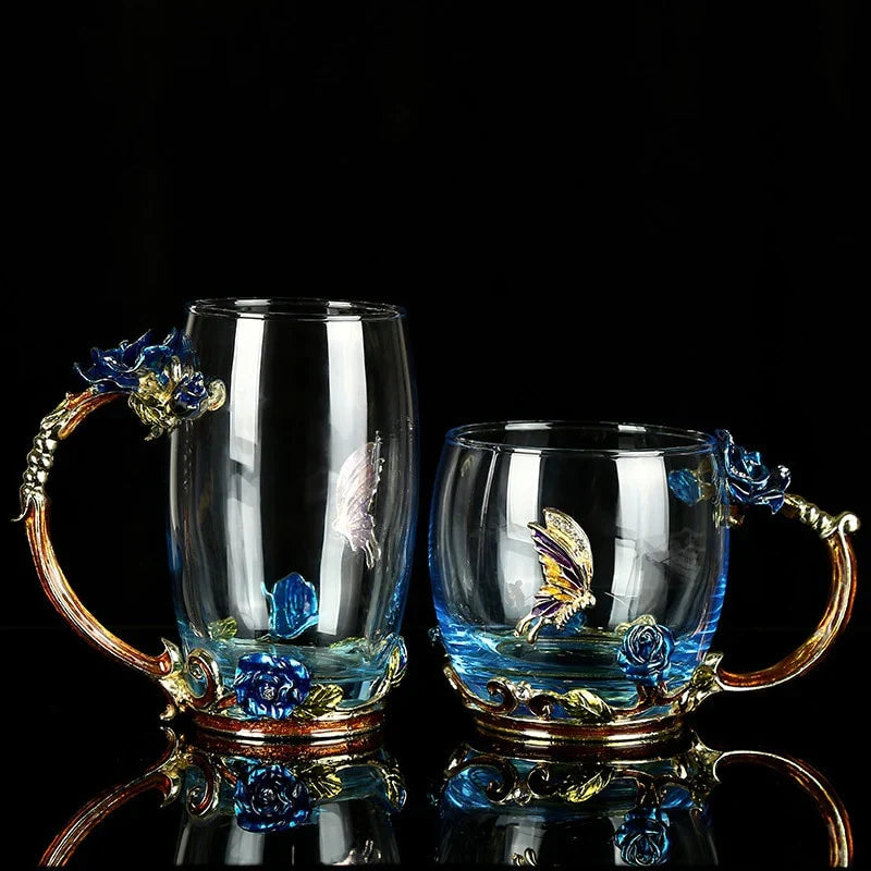 Taza de Cristal de Rosa Azul de Lujo