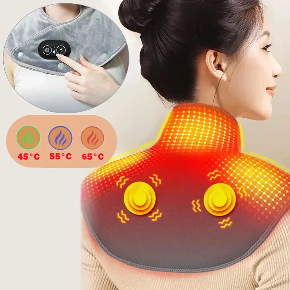 Masajeador de cuello y hombros térmico ThermoLiva | Almohadilla térmica USB con vibración | 3 niveles de temperatura y temporizador | Suave felpa