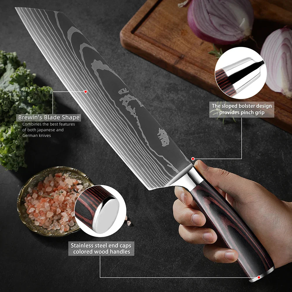 Skorter | Juego de cuchillos de cocina XITUO - 1-9PCS Cuchillos de chef, Santoku y de fruta de acero inoxidable 7Cr17Mov con mango ergonómico de Pakkawood