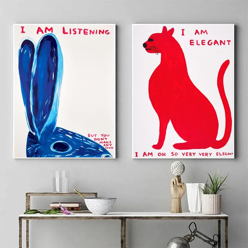 Lisslune | David Shrigley Conejo Gato Vino Galleta Tren Arte de Pared Impresiones Abstractas Pintura en Lienzo Póster Nórdico Imágenes Decoración de Sala de Estar