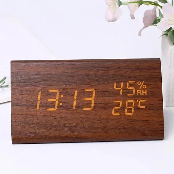 Reloj Despertador Futura Efecto Madera LED Con Tres Alarmas, Indicador de Temperatura, Brillo Ajustable