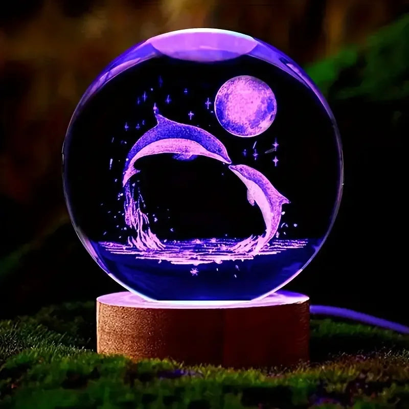 Mariluna Bola de Cristal Delfín | Grabado en 3D con Láser & Base LED | Motivo Lunar y Marino